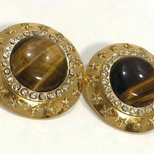 CHANEL Rhinestone Huge Brown Stone Star Round Clip-On Earrings Gold Tone 23 Auth